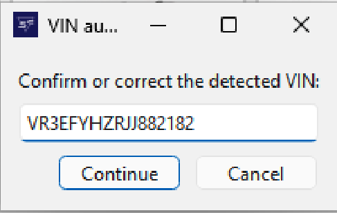Detected VIN confirmation dialog