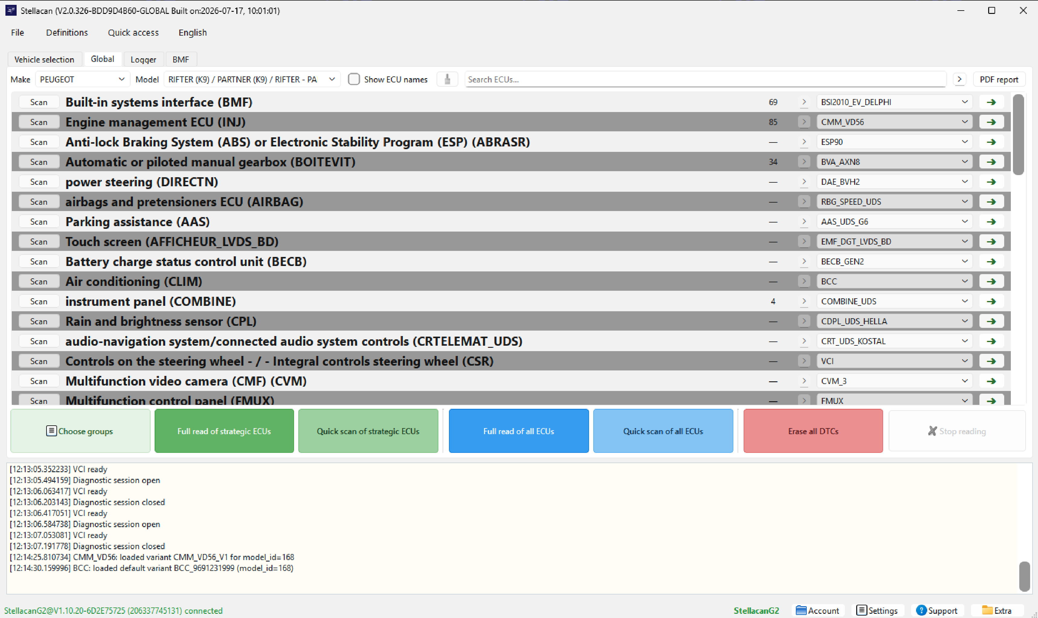 Global scan results with fault counts and module arrows
